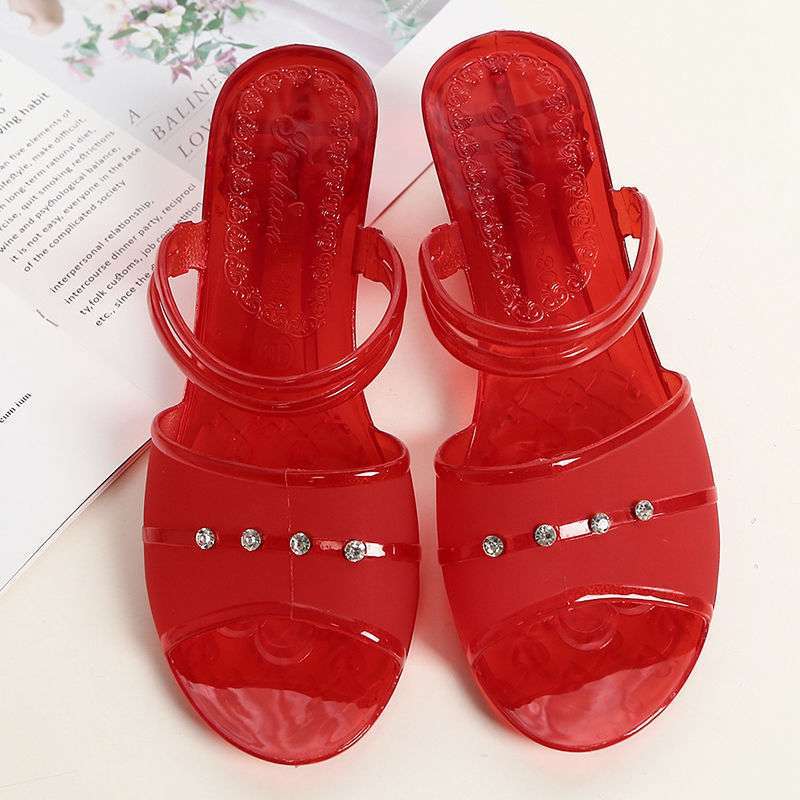 

Crystal jelly fashion cool slippers women s summer thick heel beach non-slip one-word drag outer wear mother ins increase 40