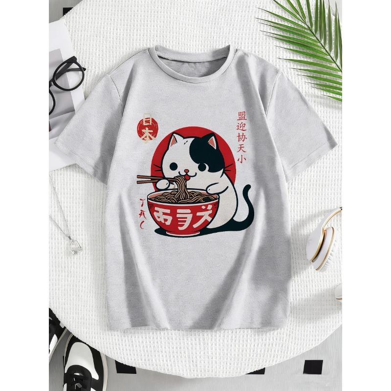 Футболки в японском стиле с рисунком кота, едящего рамен, манга, для детей, мальчиков, девочек, летние, весенние, повседневные, топ, футболка 110