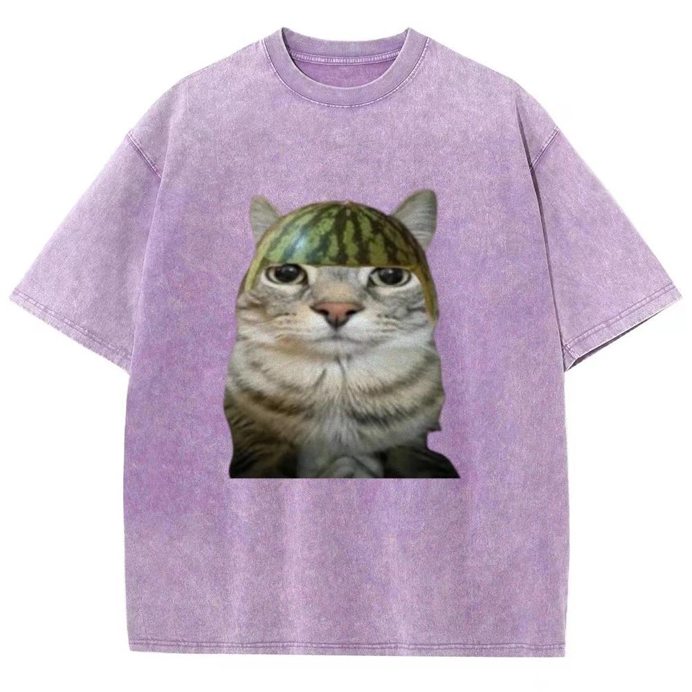 Watermelon Cat Silly Cat Meme T-Shirt Stylish Oversized Unisex Top Men Women Graphic Cotton T Shirts Streetwear