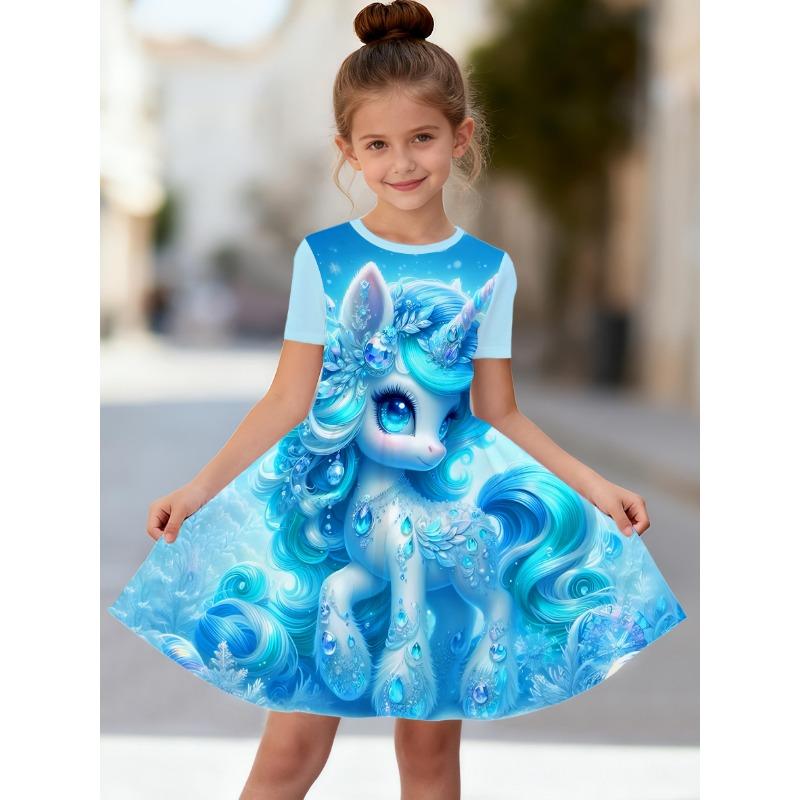 Casual Short-Sleeve Dress for Girls Featuring a 3D Unicorn Print, Perfect for Summer with Cute Cartoon Designs for Toddlers.