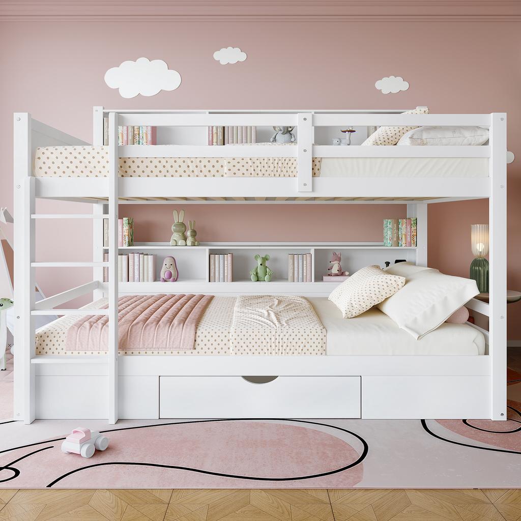 =(WX000708AAK)Etagenbetten, 90x200cm(90x200cm) Einzelbetten, Kinderbetten, Etagenbetten, mit Schubladen, mit Staufächern, ohne Matratze, weiß