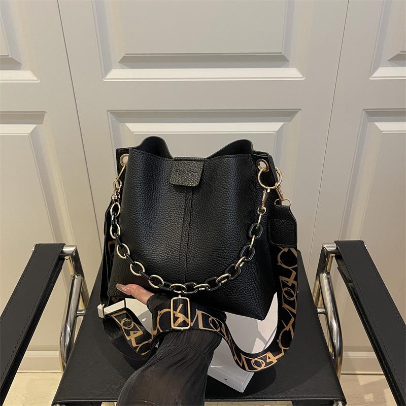 Faux Leather Bucket Bag for Women, Trendy Chain Shoulder Purse, Minimalist Crossbody Handbag KTB