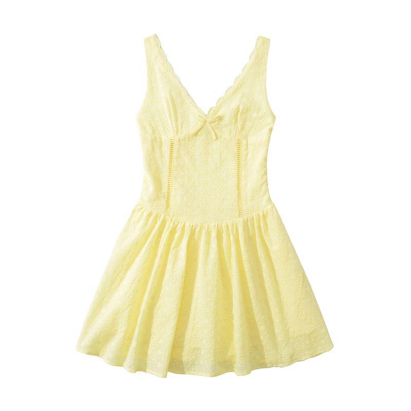 Zbzr Spring New Women Clothes Western Style French Style Fashion Yellow Lace Back Elastic Sling Dress
