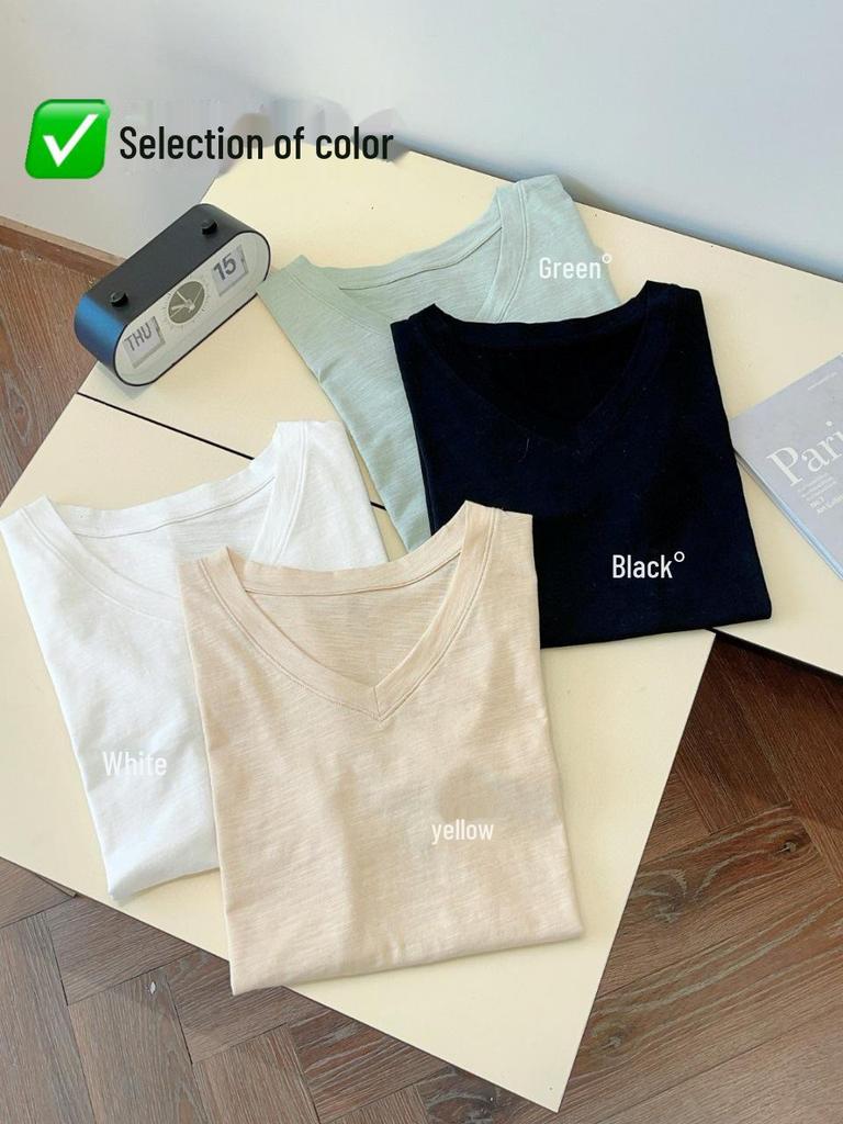 Kadın Slim Fit V Yaka Bambu Pamuk Kısa Kollu Yazlık Üst