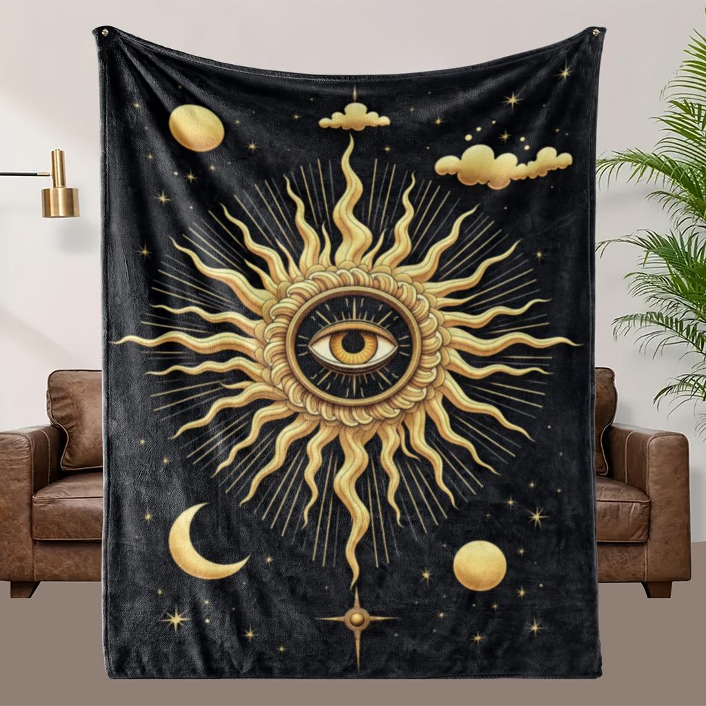 1pc Bohemian Sun & Celestial Fleece Blanket - Black & Golden All-Season Luxury Throw, Soft Breathable 100% Polyester with HD Dig