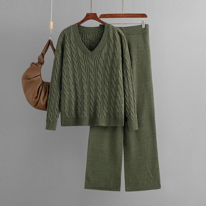 Women's Autumn And Winter Wide Leg Pants Sweater Two-Piece Set Women's V Neck Knitted Set