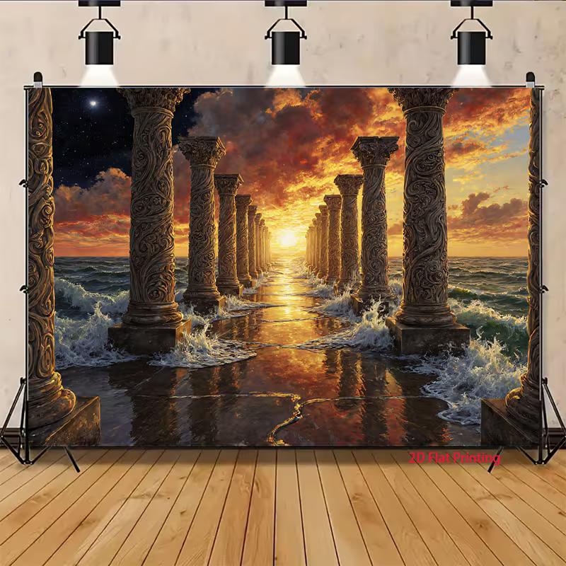 2D Roman Pillar Sunset Ocean Backdrop Vintage Architecture Fantasy Landscape Background for Photoshoot