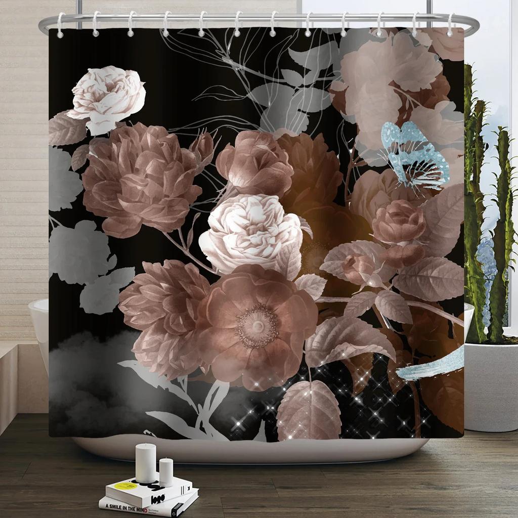 Floral Duschvorhang für Badezimmer Vintage Blume Schmetterling Wasserdichter Stoff Boho Badewanne Badezimmervorhang Mit Haken 180x240