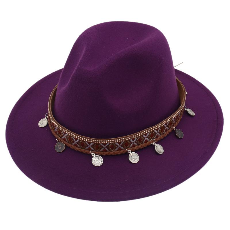 Ethnic Topper Hat Imitation Silver Accessories Felt Hat Jazz Hat Big Brim Stage Performance Hat