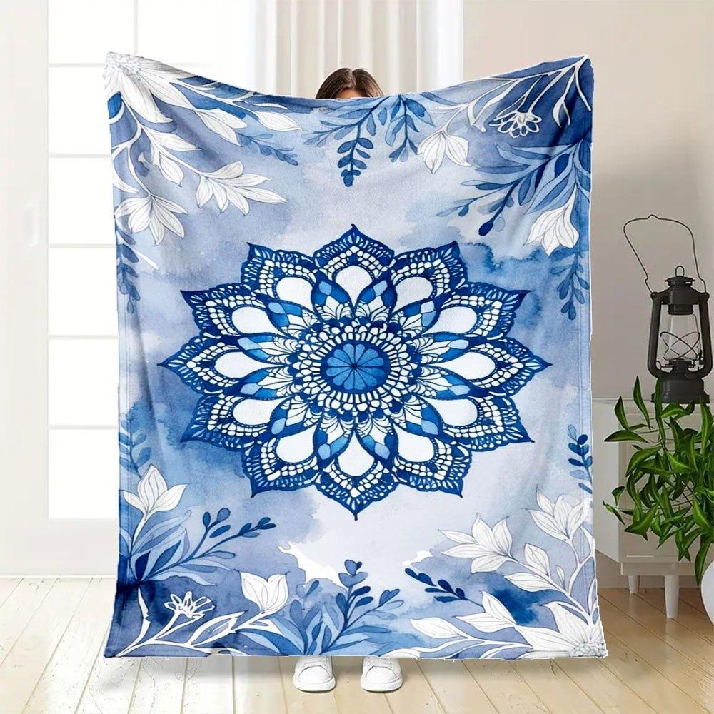 Blue and White Floral Mandala Phone WallpaperBlanket Flannel Throw Blanket for Sofa, Bed, Travel, Camping, Office, Couch, Chair, And Bed Gif