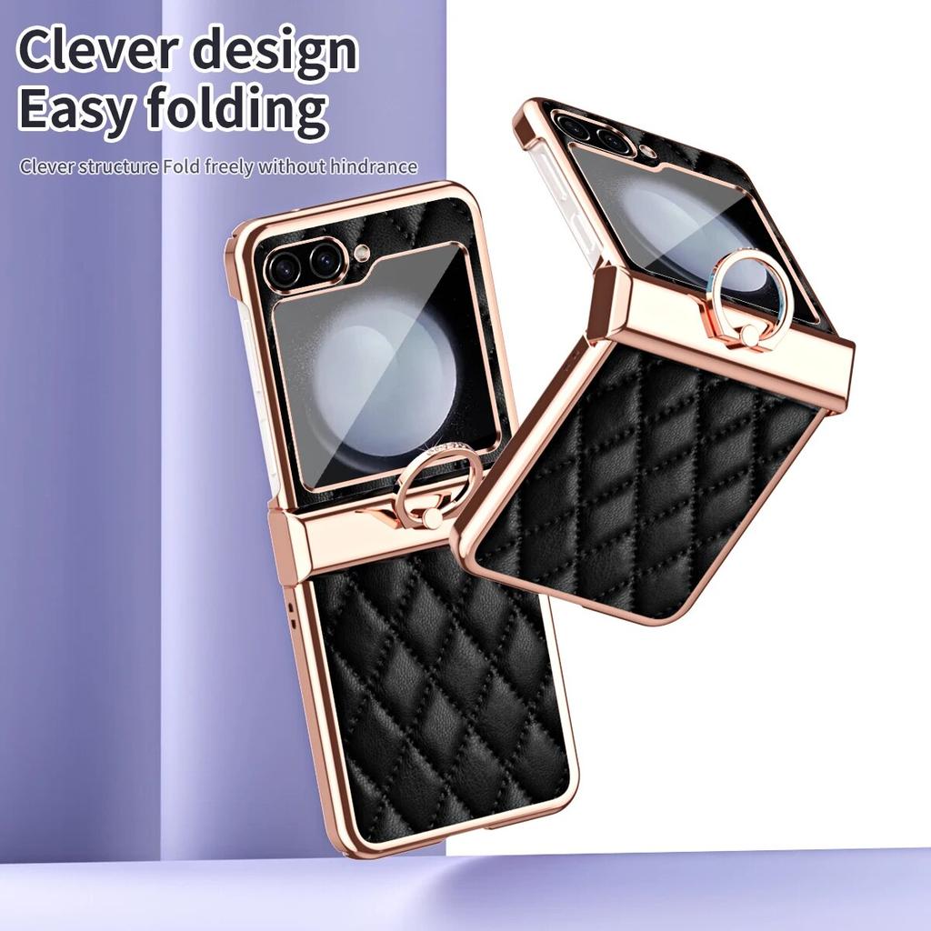 Ring Holder Hinge Protection Leather Case for Samsung Galaxy Z Flip 5 4 3 5G Small Fragrant Wind Shockproof Cover