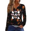 Women's Casual Halloween Print V-Neck Long Sleeve T-Shirt with Decorative Buttons