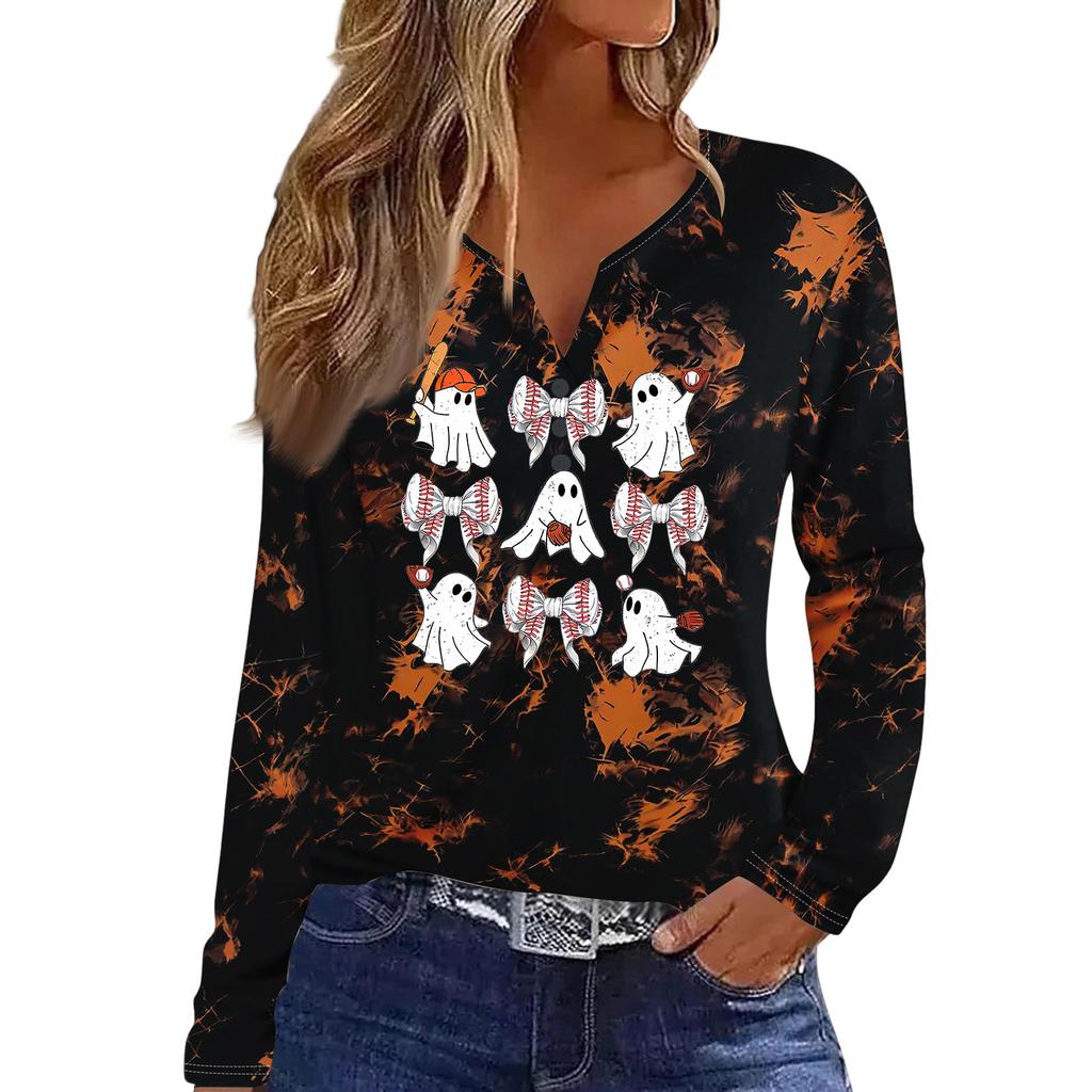 Women's Casual Halloween Print V-Neck Long Sleeve T-Shirt with Decorative Buttons