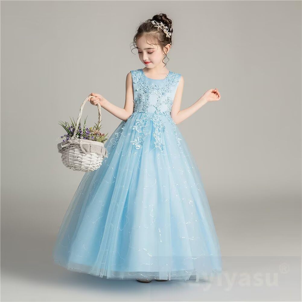 Kayiyasu Festliches langes Klavierkleid für Mädchen, Rezital, Hochzeit, Abschlussfeier, Party, bestickt, 3-13 (Größen 120-170, Blau)