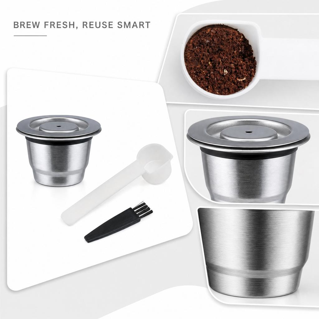 Reusable Stainless Steel Coffee Capsule Compatible with Nespresso Machines Includes Cleaning Brush and Measuring Scoop Eco Friendly Durable Design