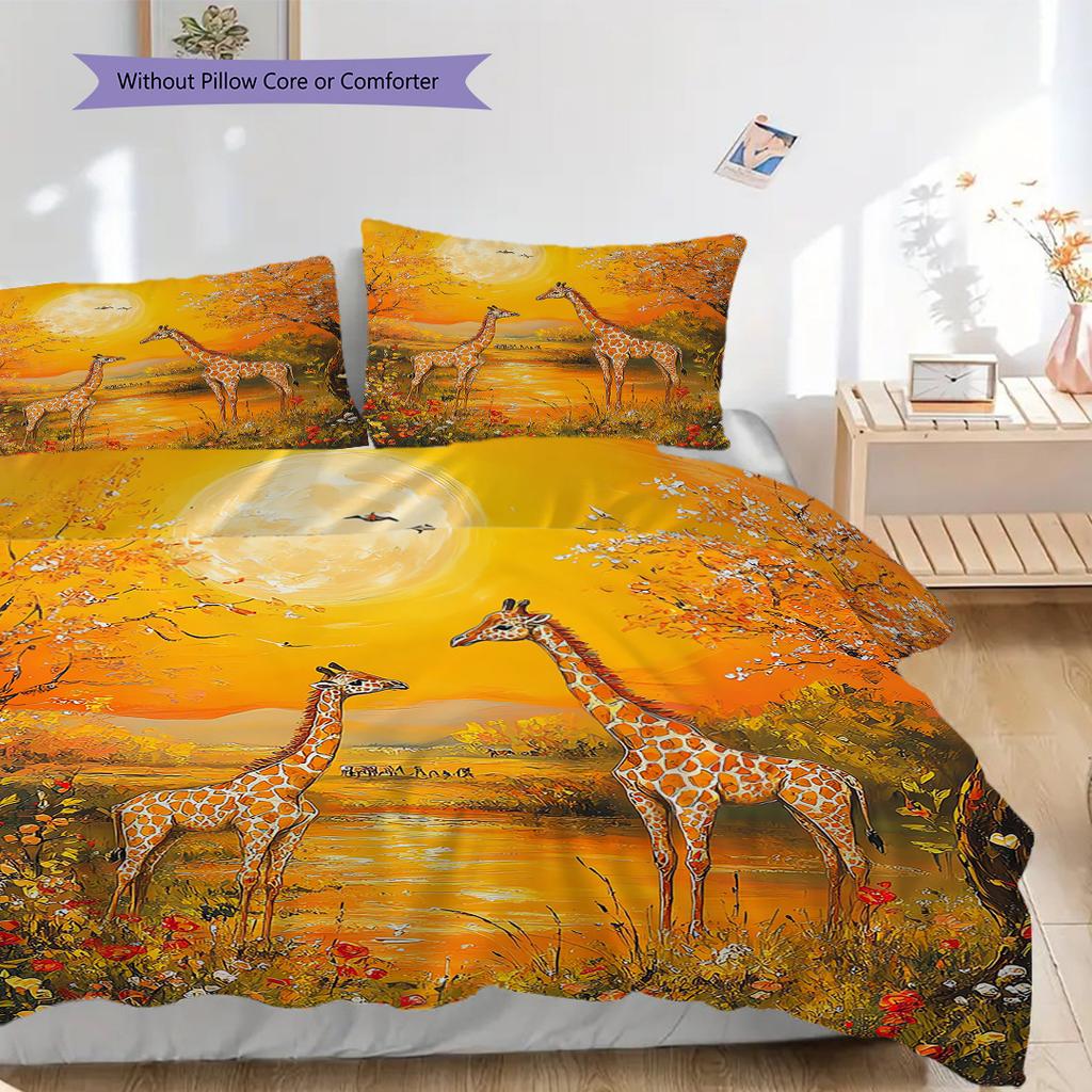 Grassland Giraffe Pattern Bedding Quilt Set Quilt Cover Pillowcase Home Decoration Birthday Gift (1 * Duvet Cover + 2 * Pillowcase, Without Core)