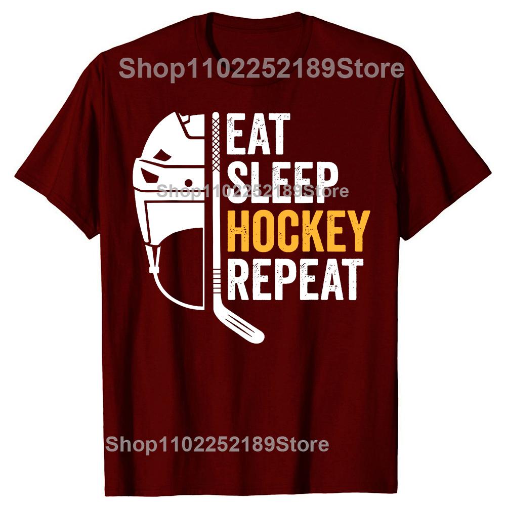 Funny Eat Sleep Hockey Repeat Graphic T-shirts Men Women's Fashion Casual Tshirt 100% Cotton Loose Ice Hockey Retro T Shirt