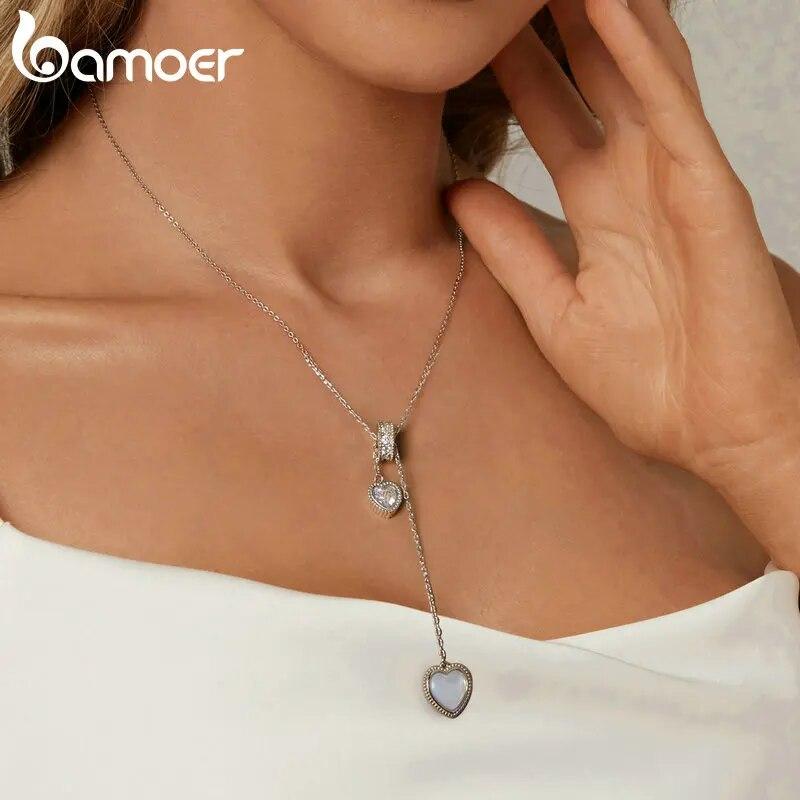 Bamoer 925 Sterling Silver Love Pendant Y Shape Necklace Double Heart Neck Chain for Women Valentine's Day Fine Jewelry Gift