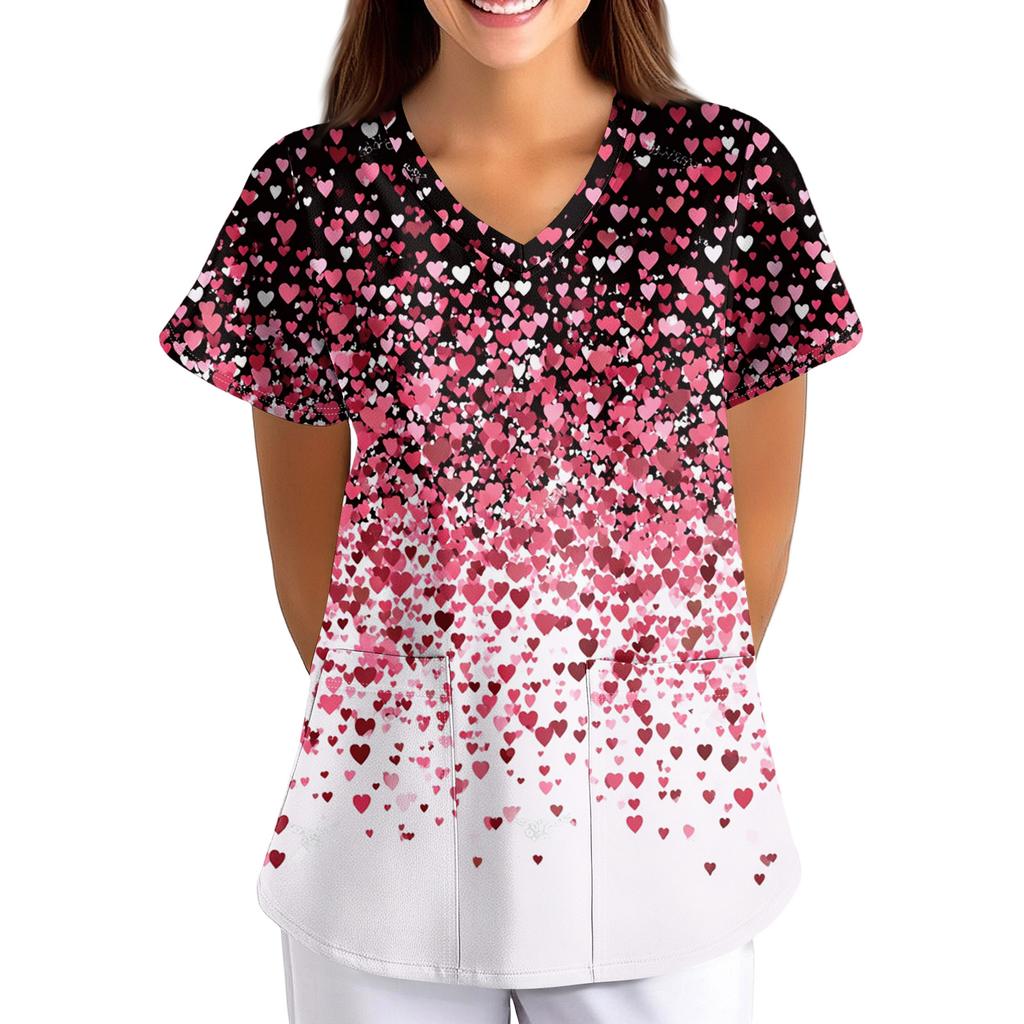 ÜbergrößeBedruckte Kasack Arbeitsuniform Oberteile für Damen V-Ausschnitt mit Überkreuzung Print Kurzarm Lustige T-Shirts Arbeitskleidung T-Shirt mit Taschen