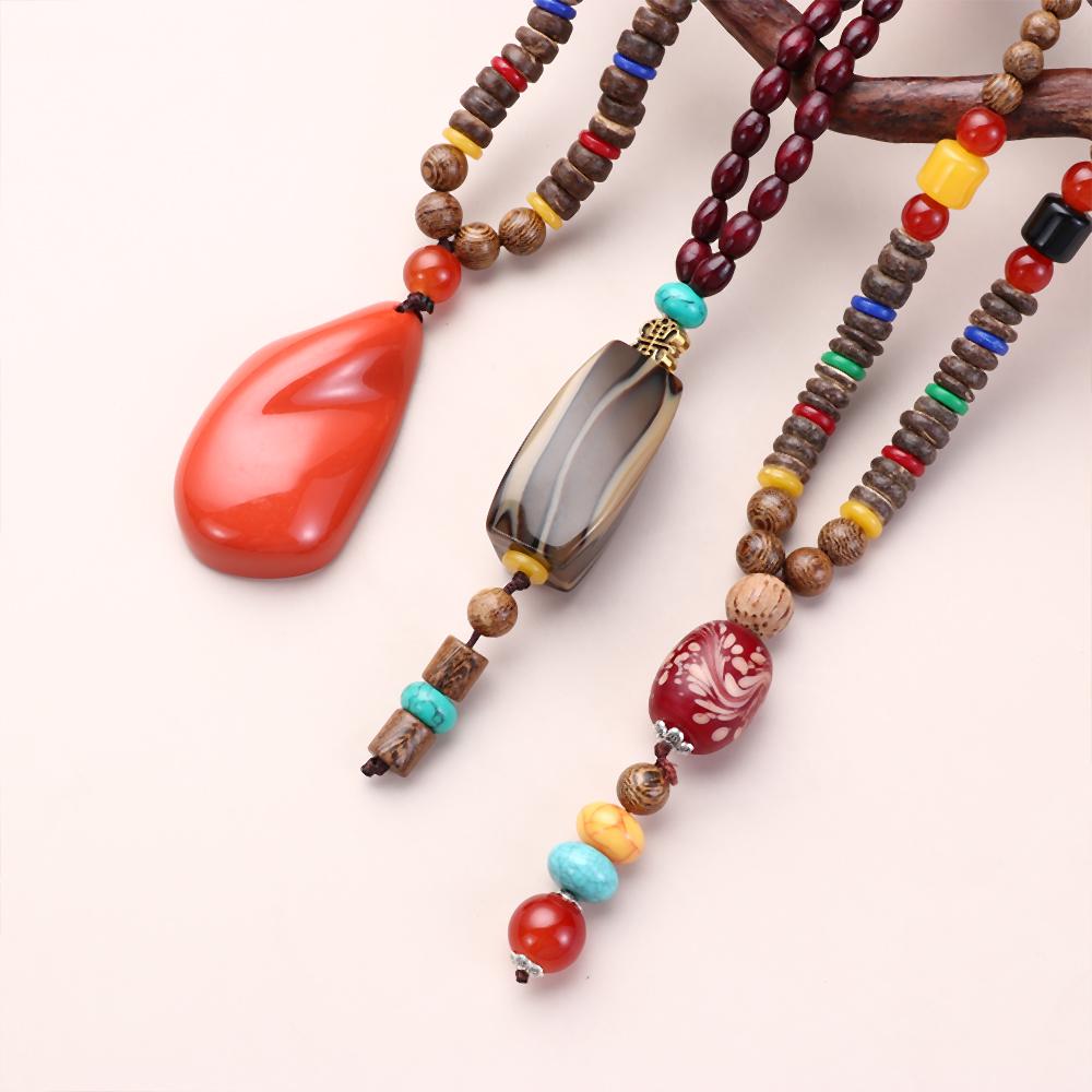 Boho Lucky Gift Party Handmade Mala Wood Bead Nepal Necklace Buddhist Horn Fish Pendant