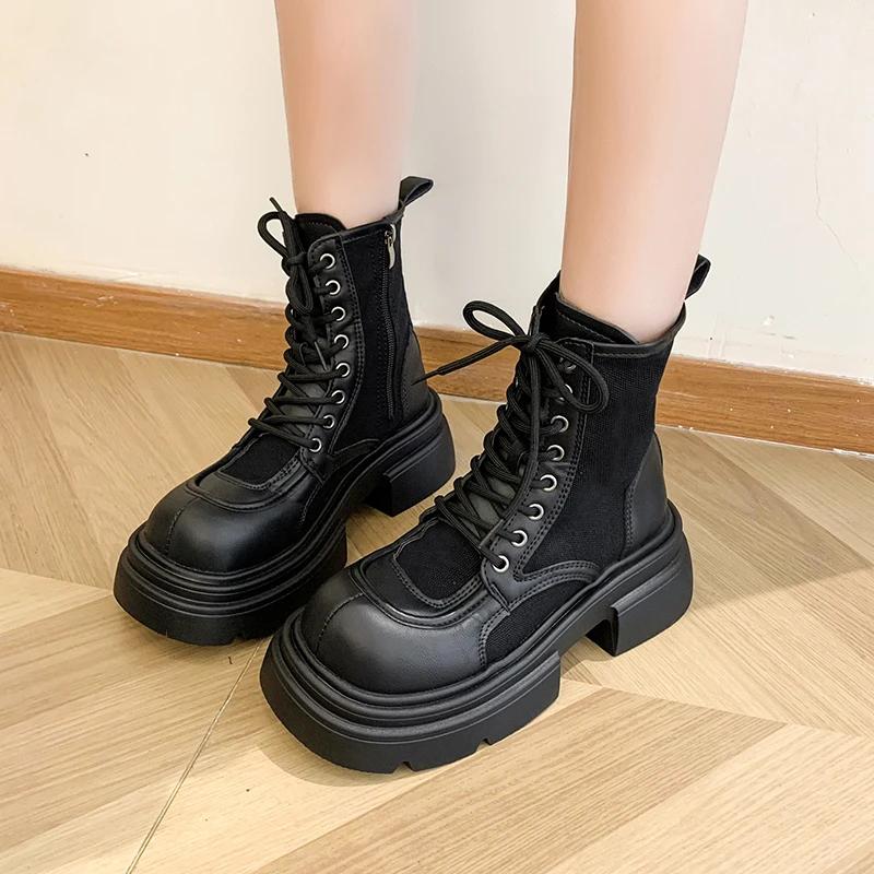 Fashion 2024 New Internet Famous Lace Up Fashion Boots for Women Round Toe Side Zipper Thick Soled Casual Knight Boots Plus Size 40