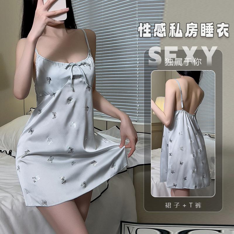 nightgown sexy pure desire laser butterfly suspender sweet nightgown women s ice silk cool and comfortable clothes M светло-синий
