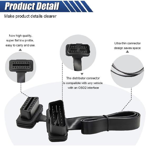 ZIMISI OBD2 Extension Cable, 16Pin Male to Female Flat Ribbon Extension Cord, Low Profile OBD2 Diagnostic Splitter for Scan Tool, GPS, and Code