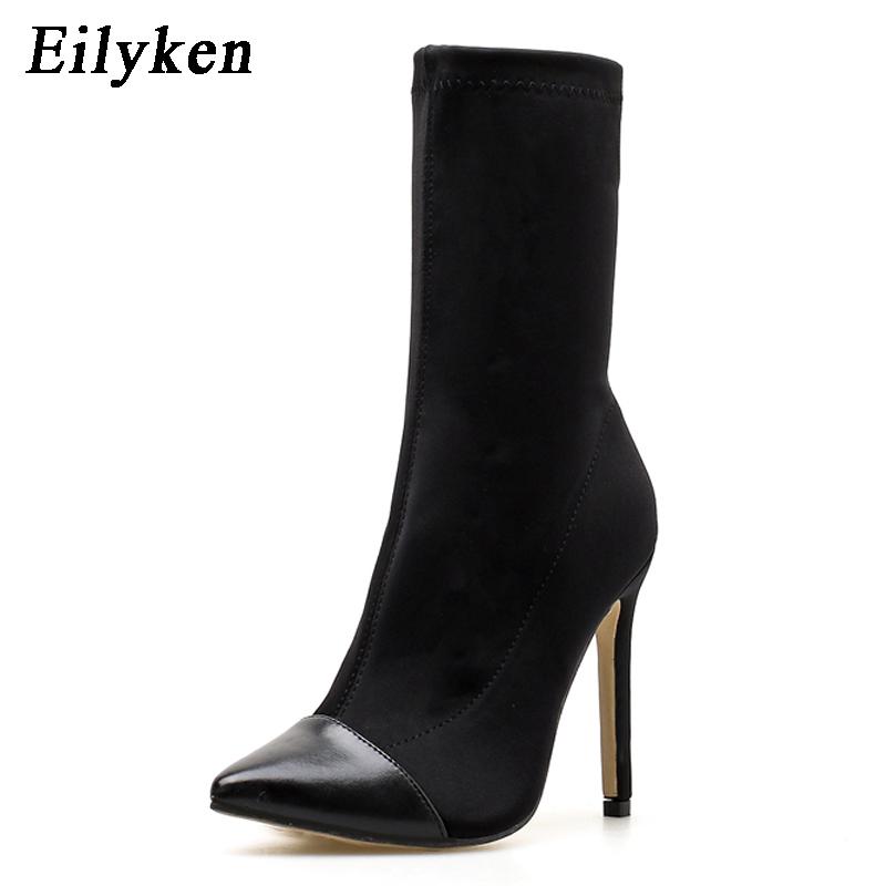 Fashion Eilyken Spring Autumn Stretch Fabric Short Ankle Boots Women Pointed Toe High Heels Slip On Sexy Sock Zapatillas Mujer