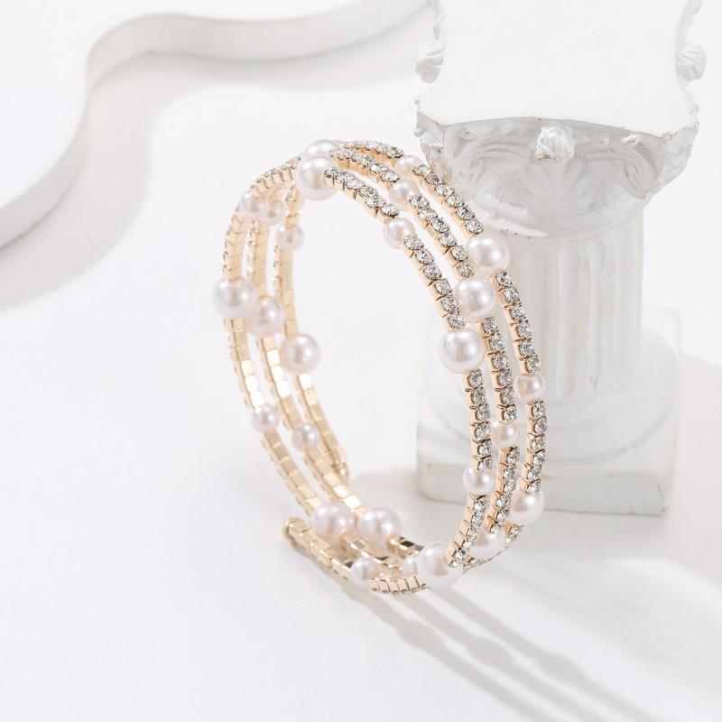 Multi-layer Rhinestone Pearl Bracelet, Winding Open Bracelet, Claw Diamond Bride Elastic Bracelet.