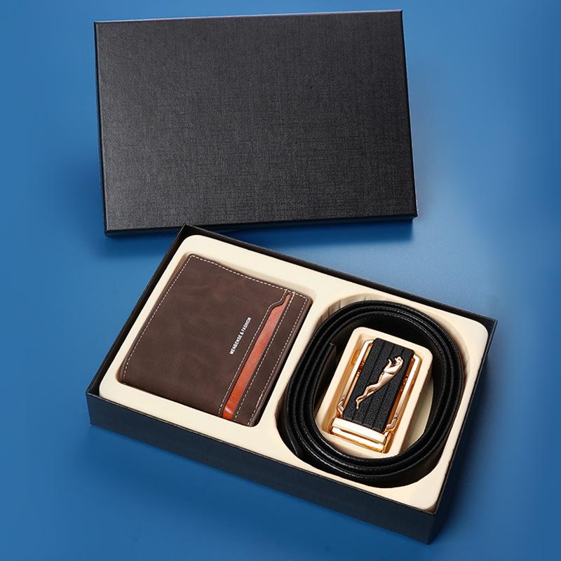 First Layer Cowhide Men'S Belt Wallet Combination Set Cowhide Automatic Buckle Belt Wallet Gift Box