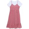 Plus Size Korean Plaid Maternity Dress - Short Sleeve, Loose Fit, Round Neck, Two-Piece Look