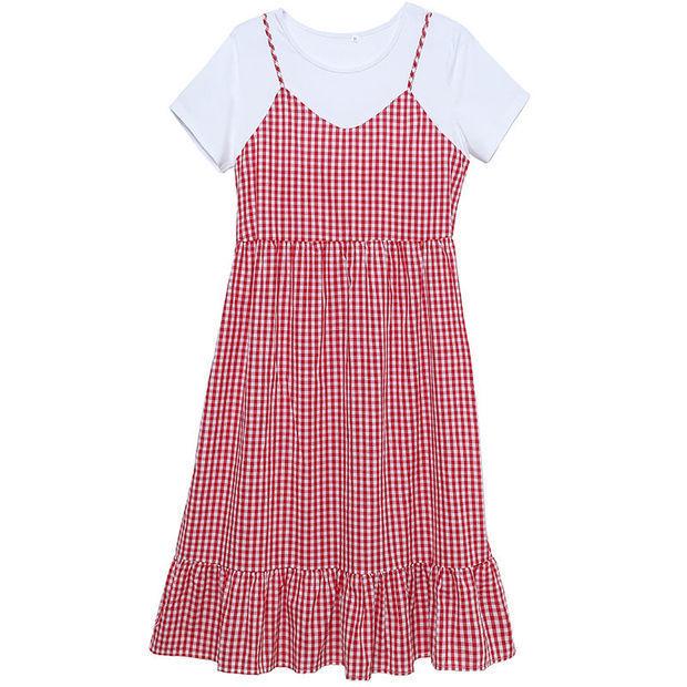 Plus Size Korean Plaid Maternity Dress - Short Sleeve, Loose Fit, Round Neck, Two-Piece Look