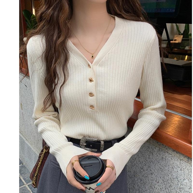 V-neck Fashion Women's Knitted Sweater Pullover Bottoming Shirt Spring Buttons Long Sleeved Top Outside Solid Color Casual Office Elegant Clothing
