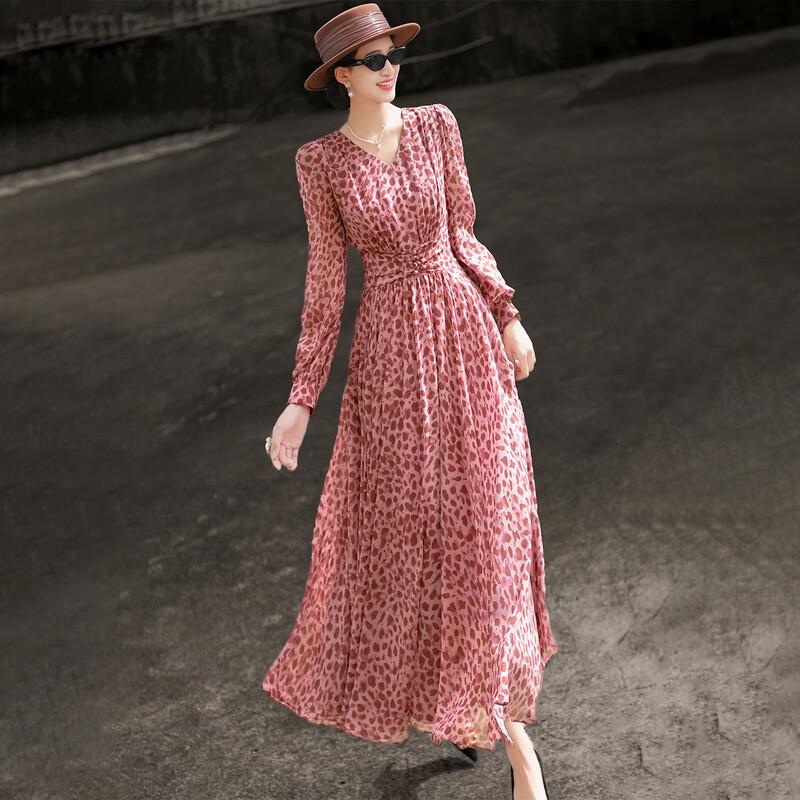 Lanser 2026 Spring Elegant Leopard Print V-Neck A-line Dress M