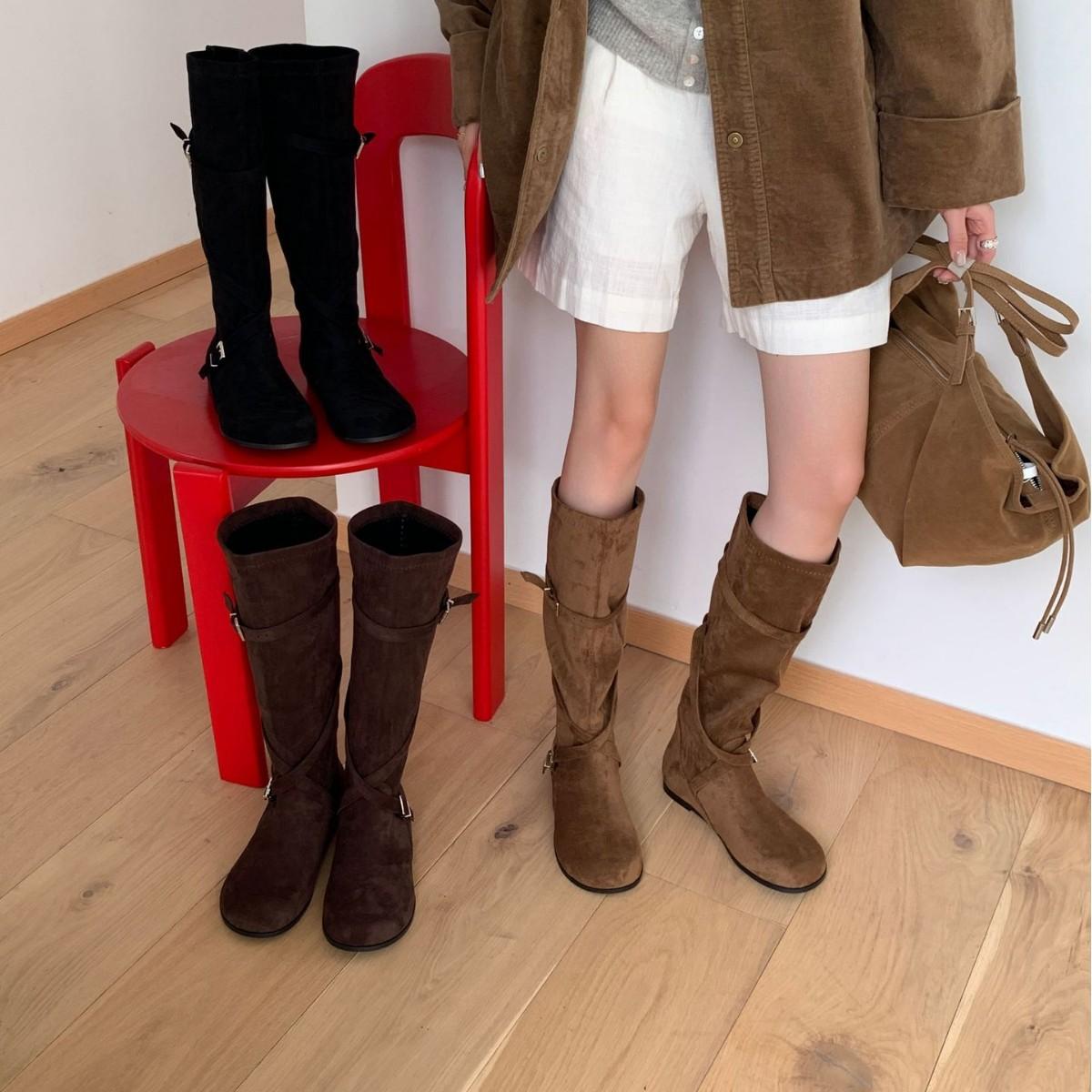 

2025 autumn and winter new round head suede belt buckle tall thin but knee knight inner slope heel women s boots 39 кофейный