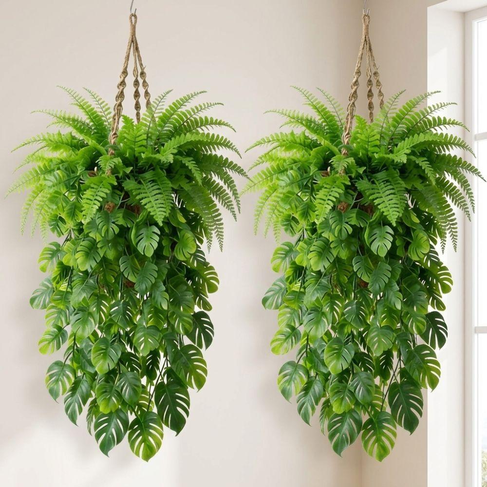 Plastic Artificial Hanging Monstera Vine Anti-Fade Dense Layered Branches Simulation Hanging Fern Realistic Flexible