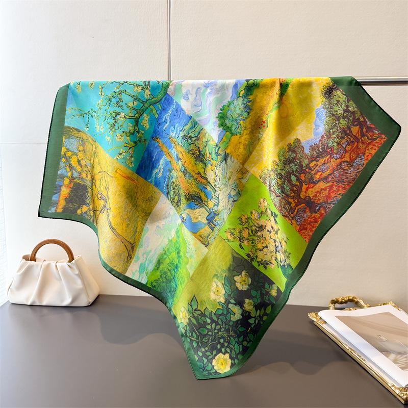New Oil Painting Print Shawl Square Scarf For Women Wraps Neckerchief Female Hair Bands Ribbon Headband Bandana