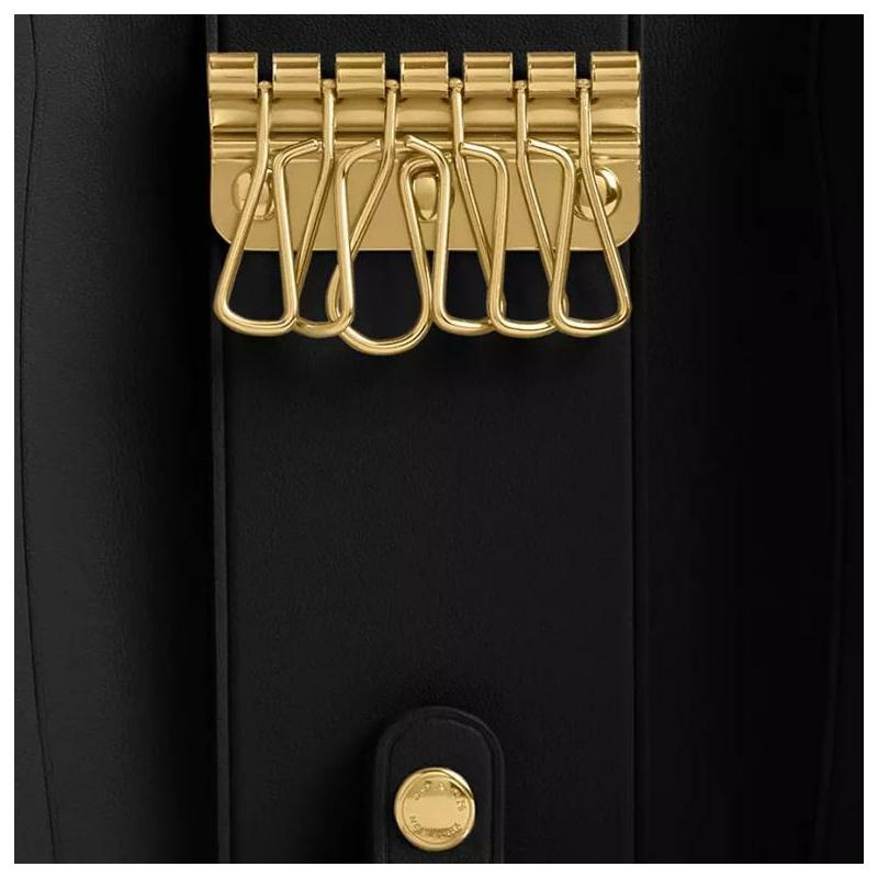 COACH key case 11 metal logo snap closure polished pebbled leather key case women's brass with black Brass with black