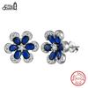 EFFIE QUEEN Blue Sapphire Flower Stud Earrings for Women Full Diamond Sparkling Zircon Wedding Jewelry Pure 925 Silver LZE21