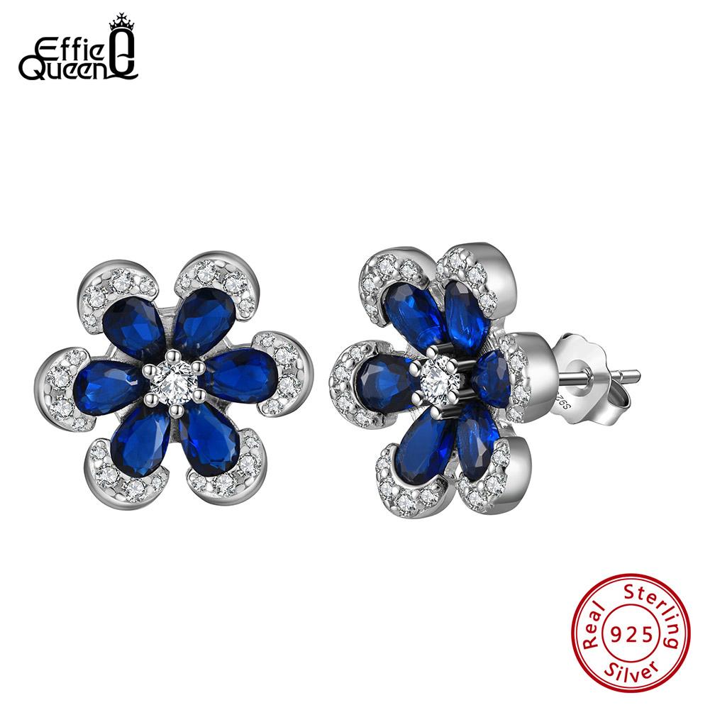 EFFIE QUEEN Blue Sapphire Flower Stud Earrings for Women Full Diamond Sparkling Zircon Wedding Jewelry Pure 925 Silver LZE21