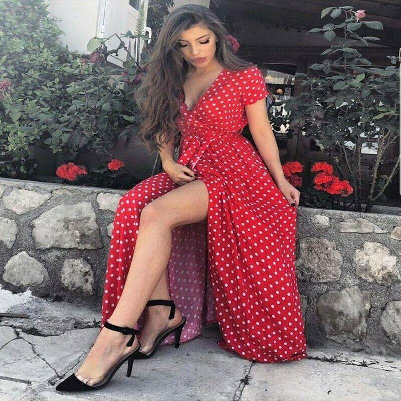 Stylish Womens Holiday Polka Dots Slit Maxi Dress Perfect For Summer Beach Outings