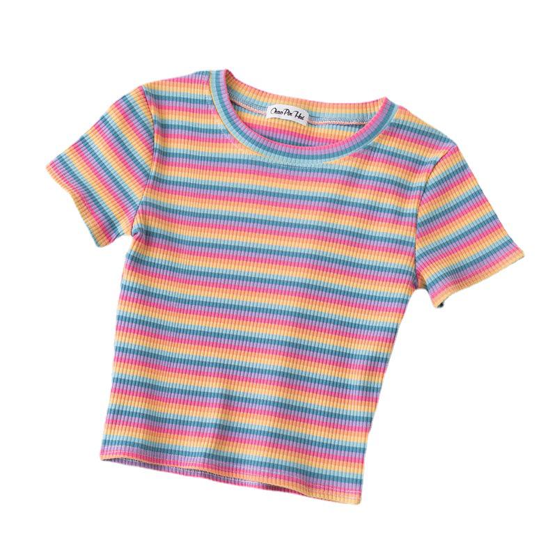 Women's Rainbow Striped Cropped Short Sleeve Top, Hyuna Style, Tight Fit, High Waist, Belly Button Show