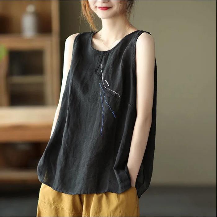 Women S Summer Cotton Linen Sleeveless Loose Embroidered Tank Top For Inner Outer Wear