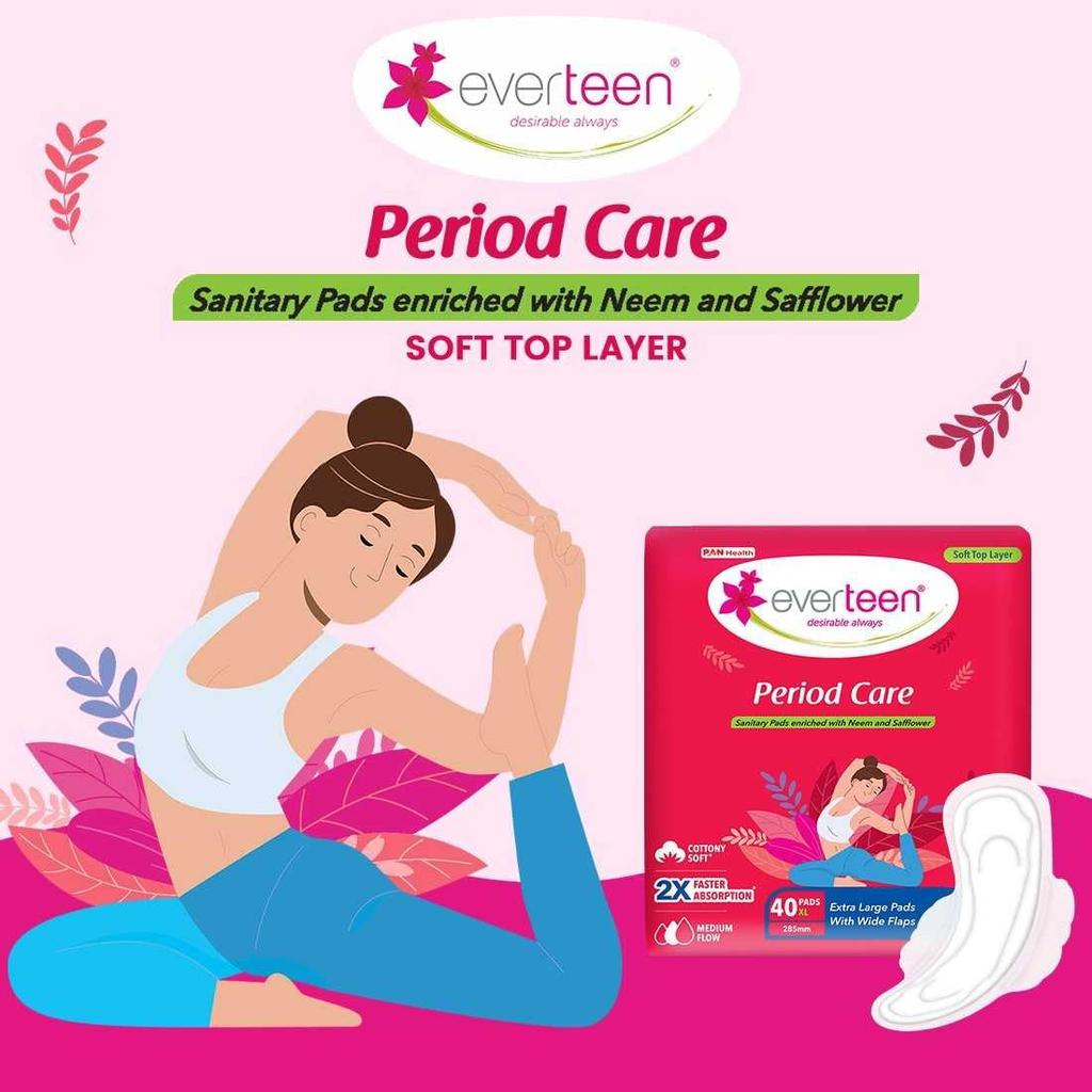 everteen Sanitary Pads XL 40 Pcs for Women, Cotton Sanitary Napkin XL 285mm, Extra Long Pad for Medium Flow, Wider Back Coverage for No Stains, R