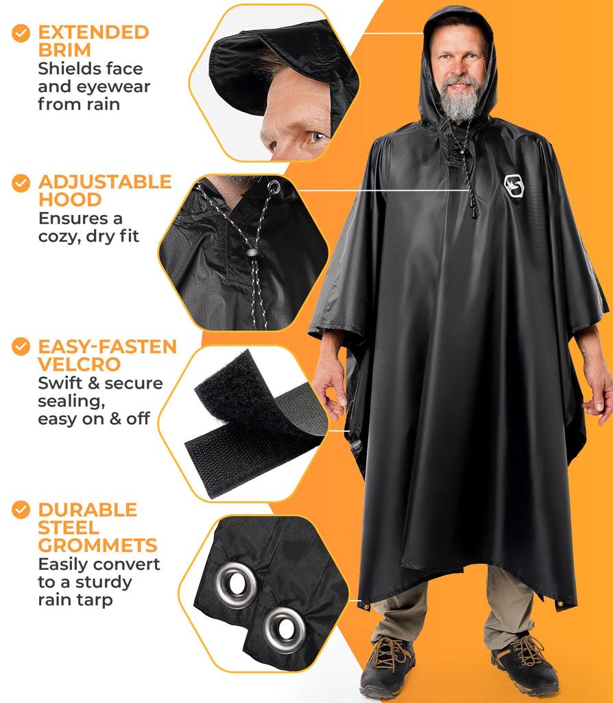 Foxelli Hooded Rain Poncho Waterproof Emergency Military Raincoat for Adults Men Women Lightweight Reusable Rain Gear for Camping Fishing Sporting
