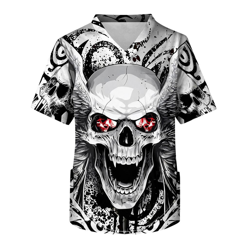 Men's V-Neck Short Sleeve Scrub Top with Print and Chest Pocket for Halloween