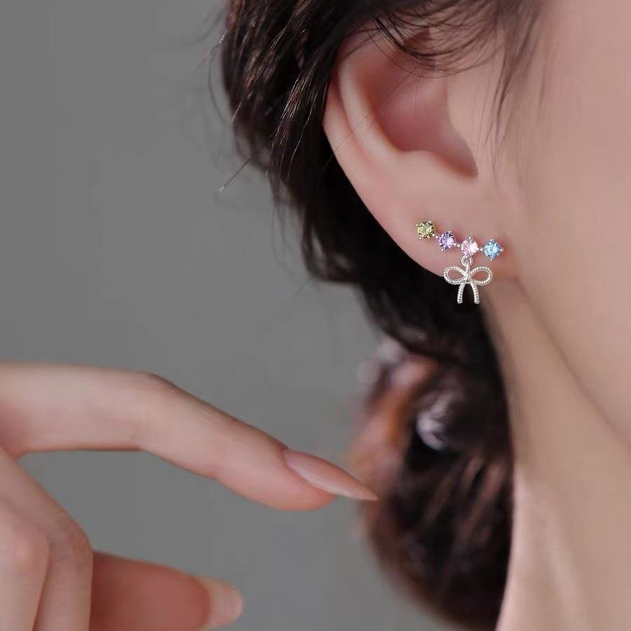 925 Sterling Silver Colorful Diamond Bow Stud Earrings for Women - 2026 Trendy Niche Design