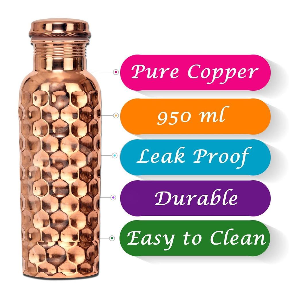 Copper Water Bottle 100% Pure Ayurvedic Copper BPA Free Leak Proof, Water Flask Kitchen Accessory Fancy Diamond Bottles