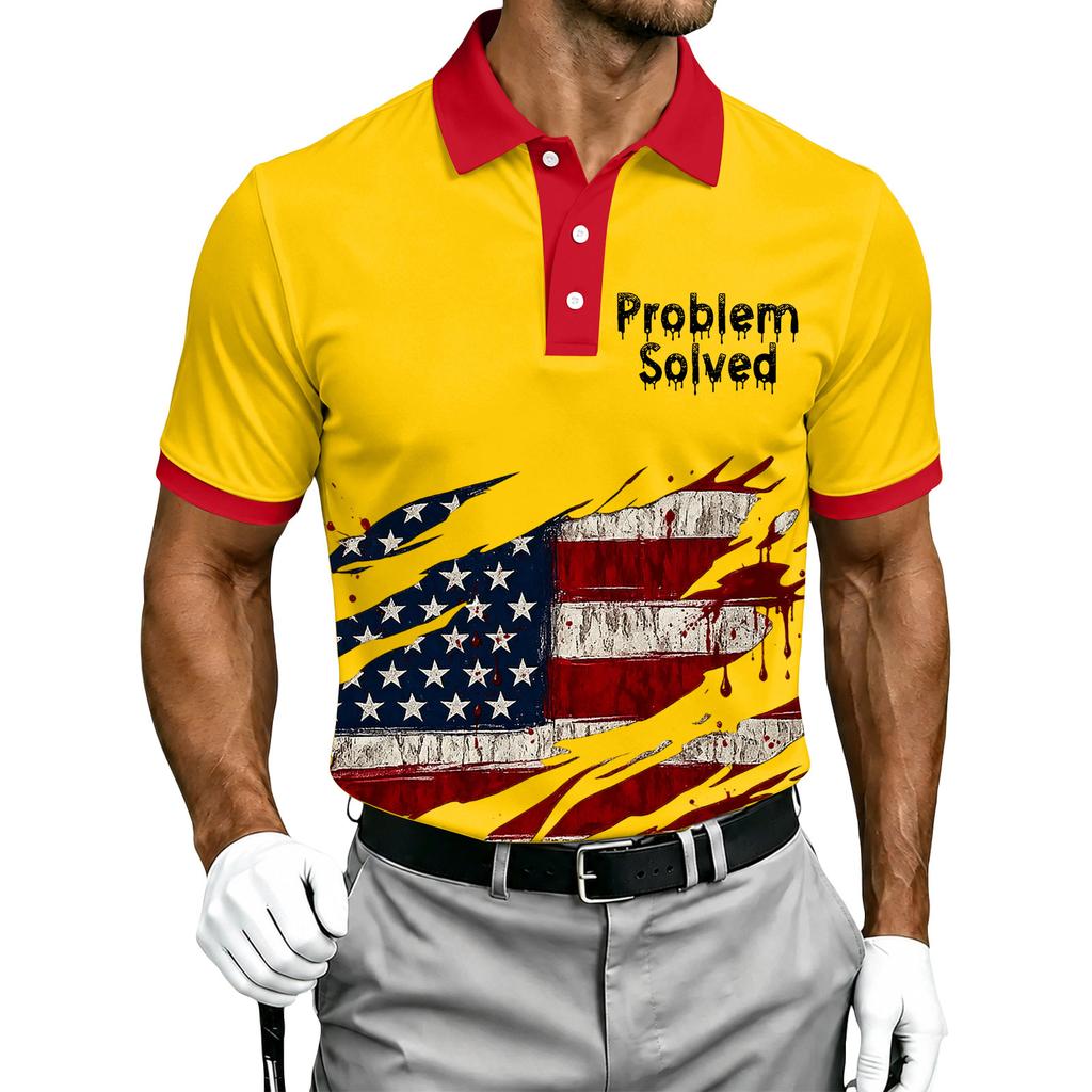 Men's Short Sleeve Polo Shirt Halloween Flag Print Casual Button Down Collar Top Lightweight Breathable Fabric Summer Wear