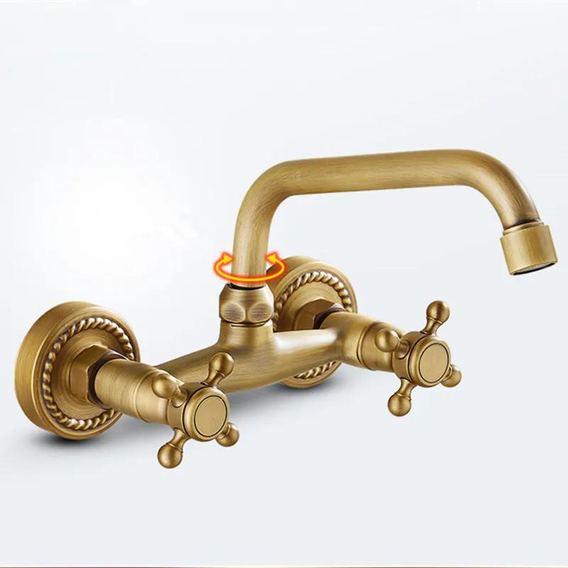 Wall Mounted Bathroom Kitchen Faucet Dual Handle Brass Antique Hot and Cold Water Tap 360 Swivel Long Spout Mixer Tap